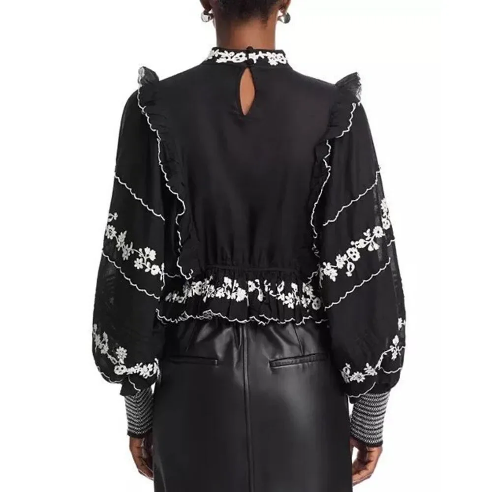 Farm Rio Women's Black White Embroidered Ruffle Long Sleeve Blouse Small NWOT